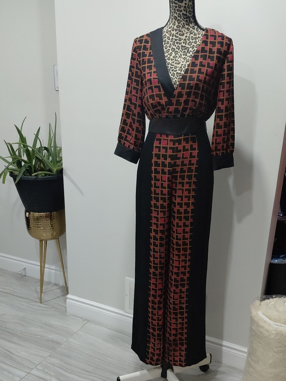 BCBGMaxAzria Red and Black Patterned V-Neck Jumpsuit - Picture 2 of 8